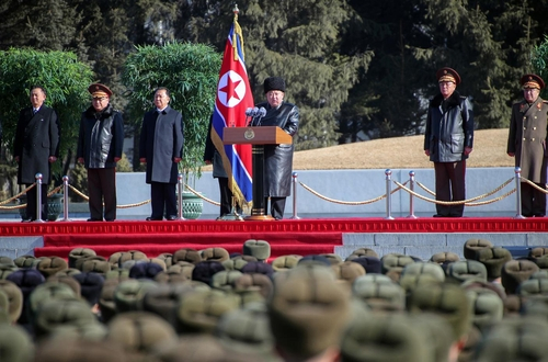 This image, captured from the Rodong Sinmun daily, shows North Korean leader Kim Jong-un, center, giving a speech during his visit to the Kim Il Sung University of Politics. [SCREEN CAPTURE] 