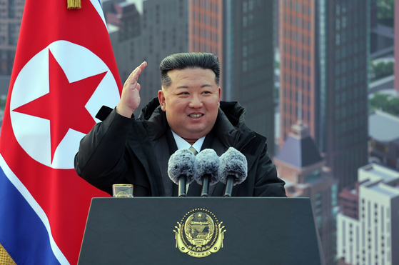 North Korean leader Kim Jong-un is seen in a photo which was taken at a construction commencement ceremony in Pyongyang this month. [YONHAP]