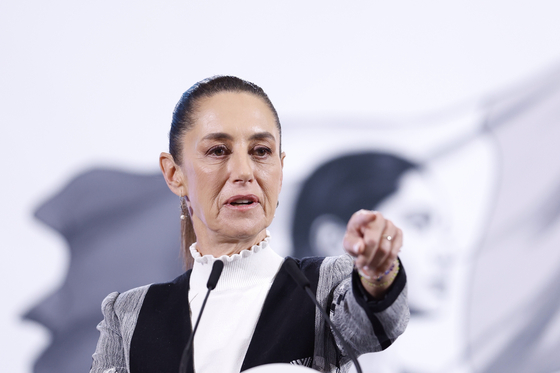 Mexico's President Claudia Sheinbaum speaks during a press conference at the National Palace in Mexico City, Mexico, on Feb. 25. [EPA/YONHAP]