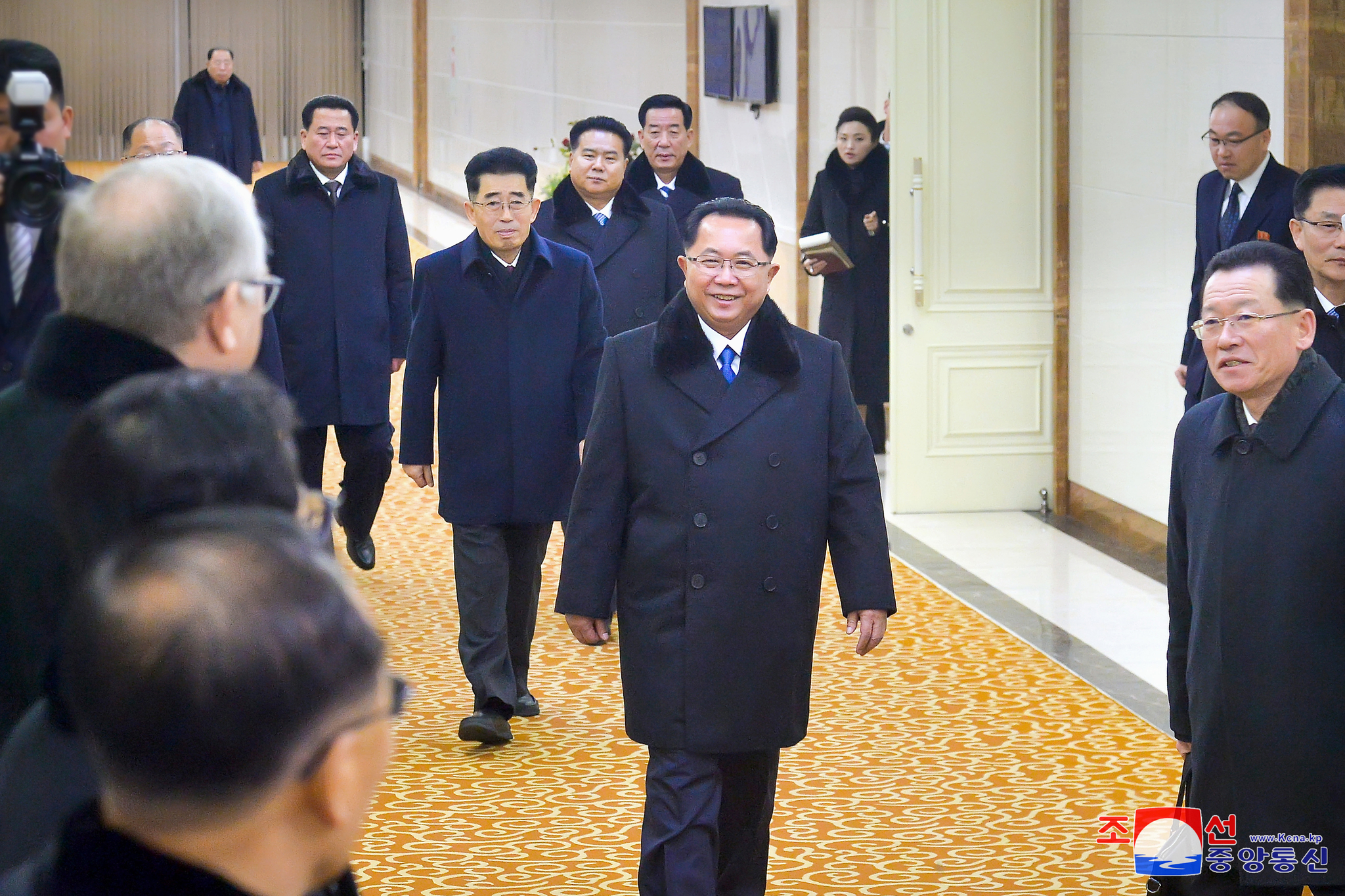 Ri Hi-yong, center, a member of North Korea's Workers' Party Central Committee Politburo, arrives in Moscow on Feb. 24, for a visit at the invitation of Russia's ruling party, in this photo published by the Korean Central News Agency on Feb. 25. [KOREAN CENTRAL NEWS AGENCY]