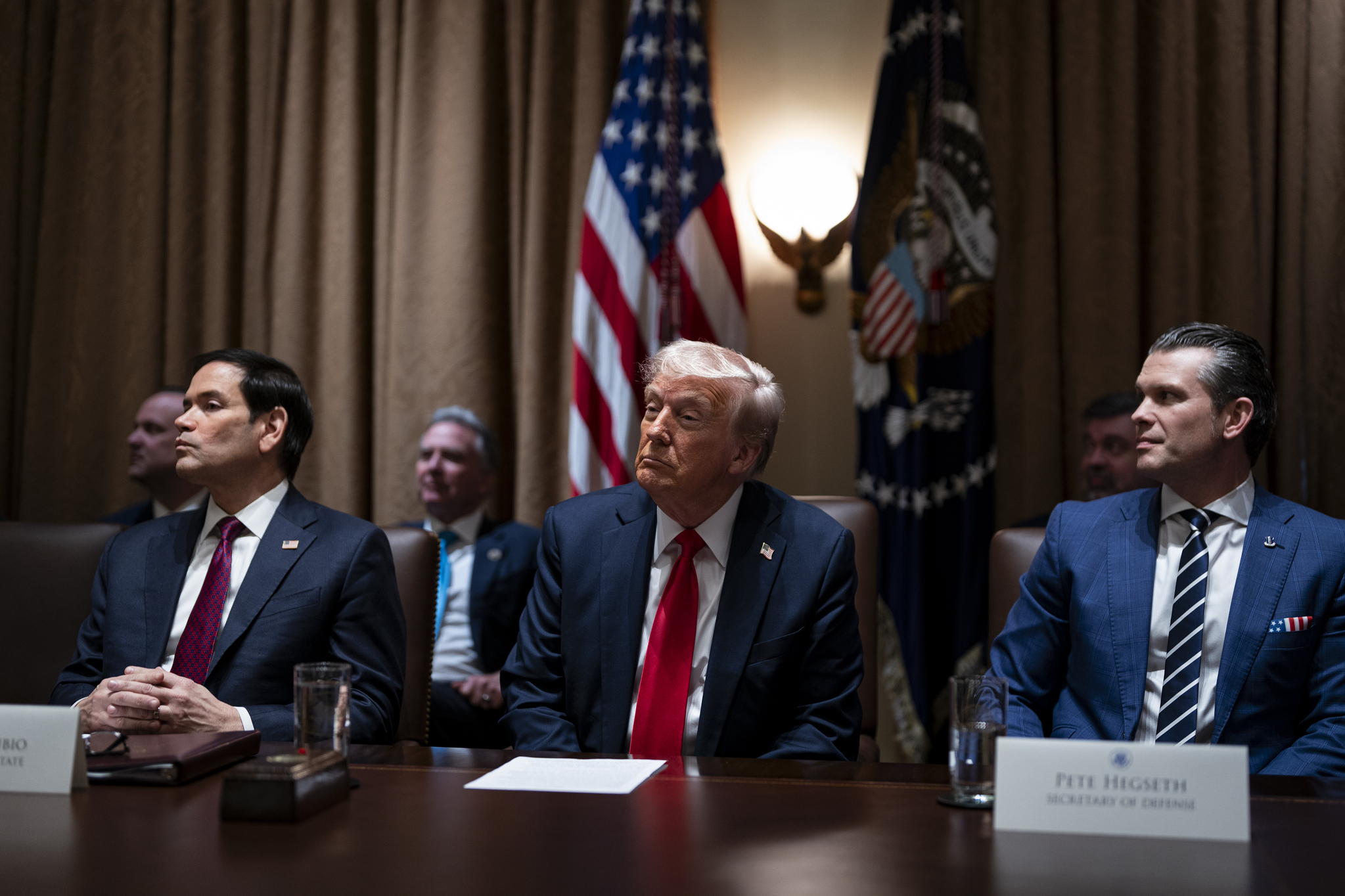 U.S. Secretary of State Marco Rubio, US President Donald Trump, and US Secretary of Defense Pete Hegseth, attend a cabinet meeting at the White House in Washington on Feb. 26. [UPI/YONHAP]