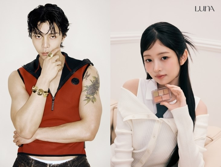 Johnny, from the boy band NCT 127, on the left, appears in a promotional image for the fashion brand Acne Studios, while Rei, from the girl group IVE, is featured in a promotional image for the Korean cosmetics brand LUNA. [ACNE STUDIOS, LUNA]