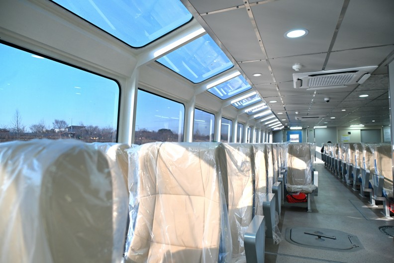 The newly completed interior of one of the two Hangang Bus ferries, which are intended to transport people along the Han River, is seen in this photo provided by the Seoul Metropolitan Government on Feb. 27. [SEOUL METROPOLITAN GOVERNMENT]