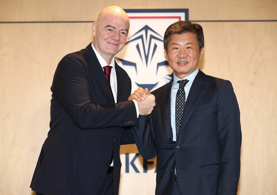 FIFA President Gianni Infantino, left, and KFA President Chung Mong-gyu shake hands after their meeting at the KFA House in Seoul on Oct. 28, 2024. [NEWS1]