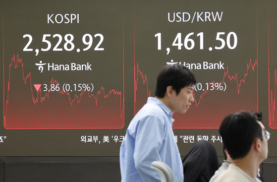 A screen in Hana Bank's trading room in central Seoul shows the Kospi closing at 2,528.92 points on March 4, down 3.86 points, or 0.15 percent, from the previous trading session. [YONHAP]