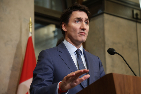 Canada's Prime Minister Justin Trudeau speaks during a news conference about the US tariffs against Canada on March 4 on Parliament Hill in Ottawa. [AFP/YONHAP]