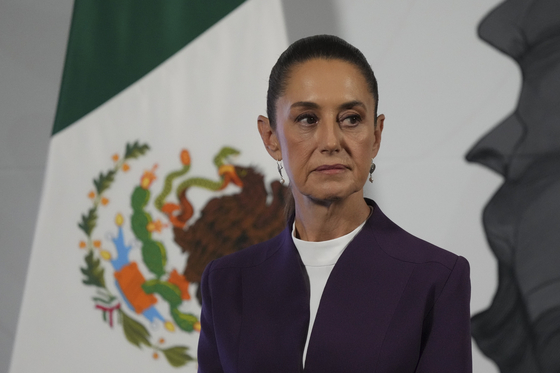 Mexican President Claudia Sheinbaum looks on during her morning press conference at the National Palace in Mexico City, on March 4. [AP/YONHAP] 