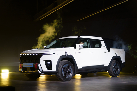  KG Mobility's electric pickup truck, the Musso EV, is unveiled at the company's headquarters in Pyeongtaek, Gyeonggi, on March 5. [CHO YONG-JUN]