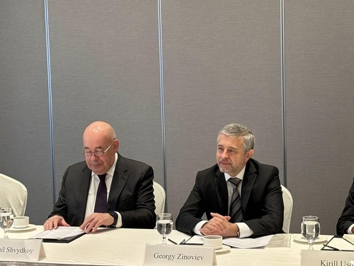 Mikhail Shvydkoy, left, Russia's special presidential envoy for international cultural cooperation, and Russian Ambassador to South Korea Georgy Zinoviev attend a meeting with Korean officials in Seoul, on March 4, 2025, in a photo captured from the social media account of the Russian Embassy in Seoul. [YONHAP] 