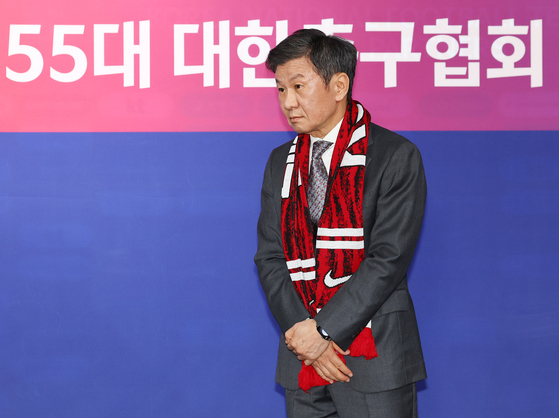 Chung Mong-gyu reacts after being elected to a fourth term as Korea Football Association president in central Seoul on Feb. 26. [YONHAP] 