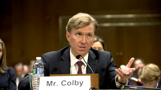 Elbridge Colby, nominee for U.S. under secretary of Defense for Policy, attends his Senate confirmation hearing on Tuesday. [SCREEN CAPTURE]