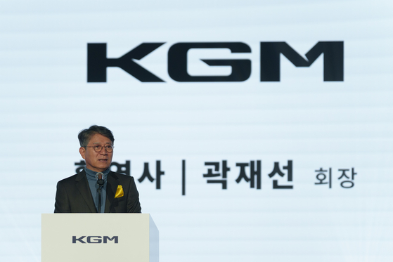 KG Mobility Chairman Kwak Jae-sun speaks during the launch of the Musso EV on March 5. [CHO YONG-JUN]
