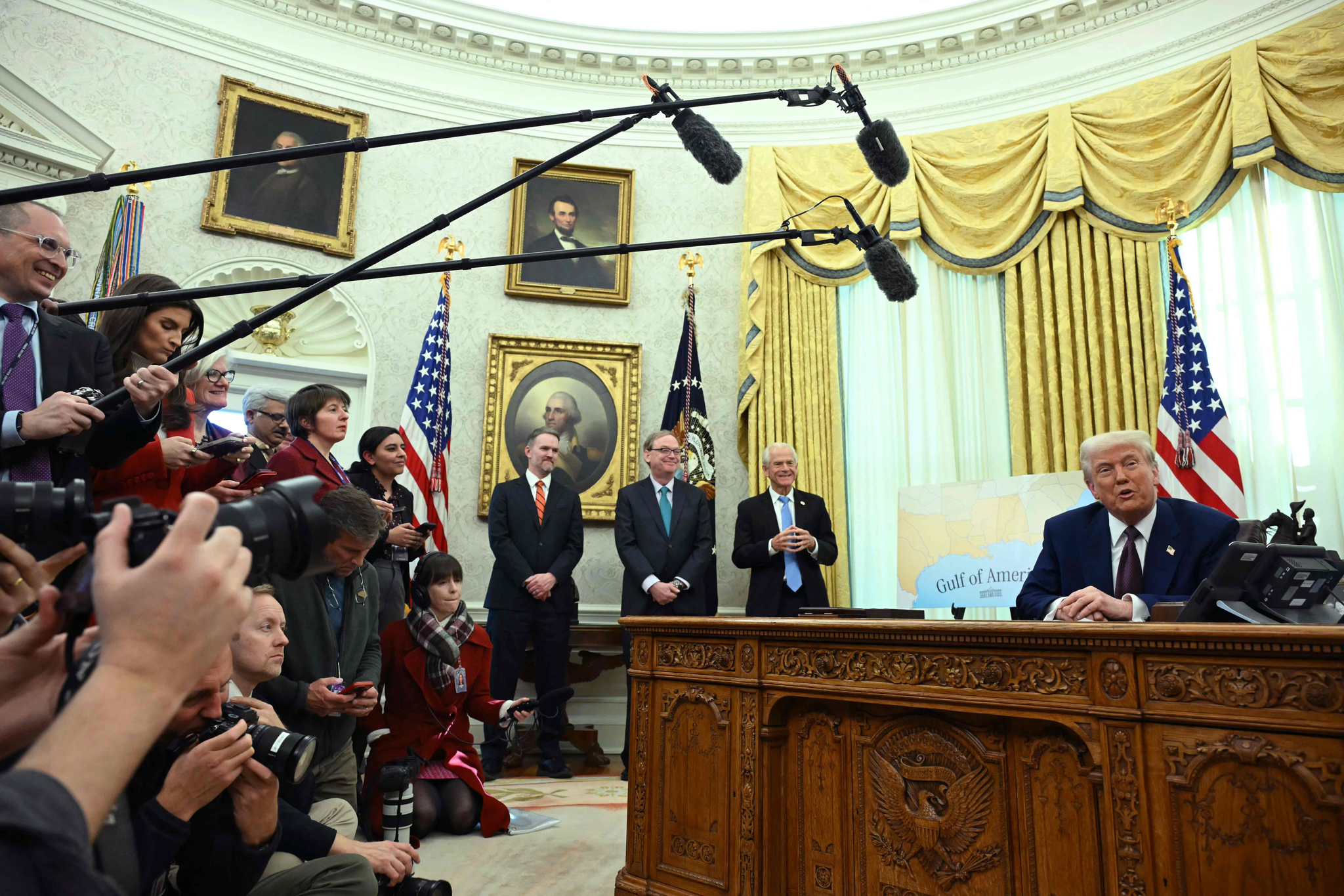 President Donald Trump speaks in the Oval Office of the White House as he announces reciprocal tariffs, in Washington, DC, on Feb. 13. Trump announced that he would impose "reciprocal tariffs" on trading partners, opening new fronts in his trade war. The move would match U.S. tariff rates on imports to the levels that other countries impose on U.S. goods. [AFP/YONHAP]