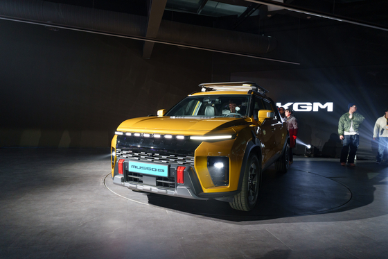  KG Mobility's electric pickup truck, the Musso EV, is unveiled at the company's headquarters in Pyeongtaek, Gyeonggi, on March 5. [CHO YONG-JUN]