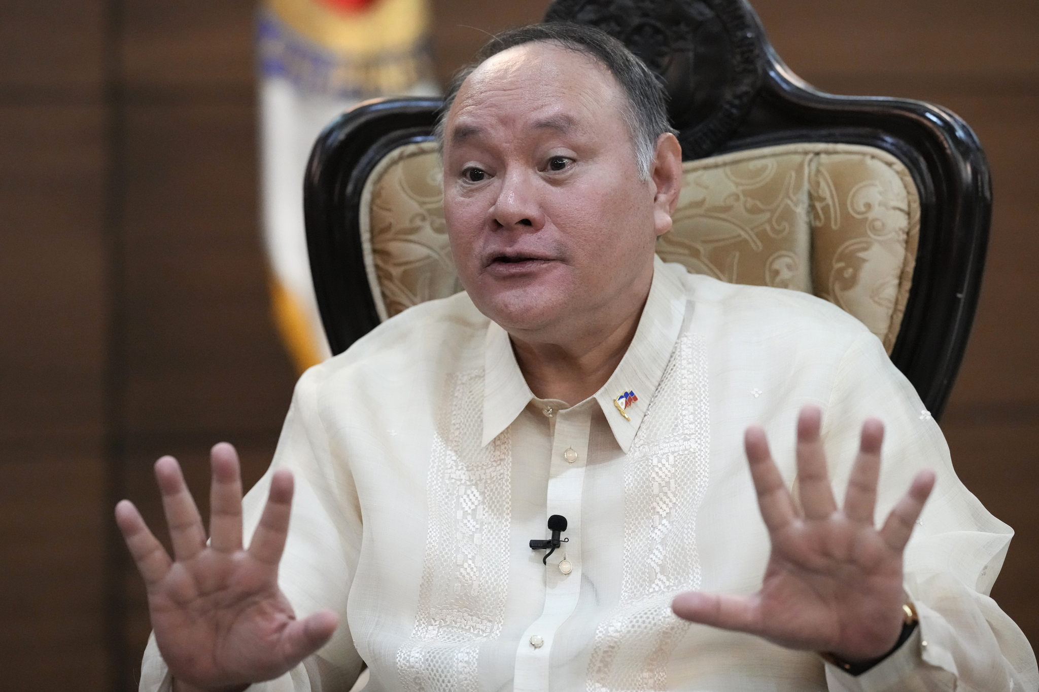 Philippine Defense Secretary Gilberto Teodoro gestures as he answers questions during an interview with the Associated Press at the Department of National Defense headquarters in Quezon city, Philippines on Wednesday, on March 5. [AP/YONHAP]