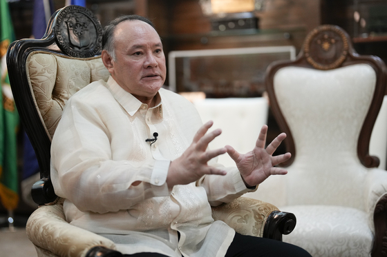 Philippine Defense Secretary Gilberto Teodoro answers questions during an interview with the Associated Press at the Department of National Defense headquarters in Quezon city, Philippines on Wednesday, on March 5. [AP/YONHAP]