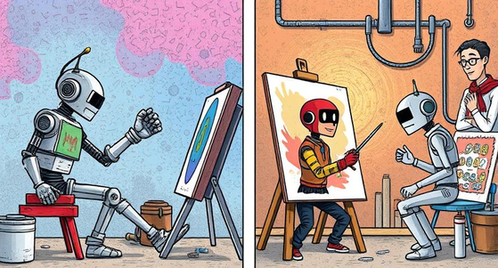 An image created by generative AI program Deep AI with the prompt, "Cartoon strips of robot painters and human painters competing" [DEEP AI]