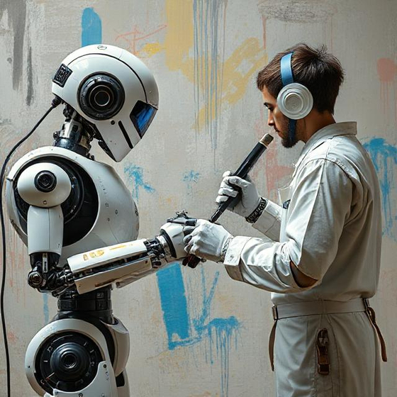 An image created by generative AI program Deep AI with the prompt, "Robot painters and human painters competing" [DEEP AI]