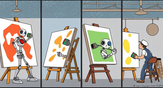 An image created by generative AI program Deep AI with the prompt, "A cartoon strip of panels showing robot painters and human painters competing" [DEEP AI]