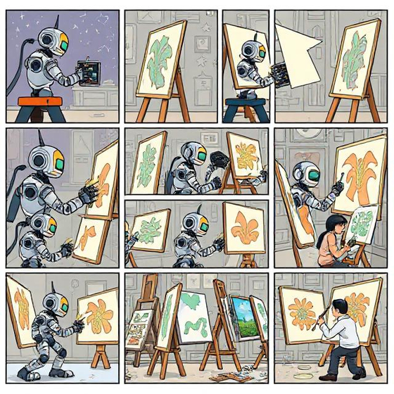 An image created by generative AI program Deep AI with the prompt, "A cartoon strip of numerous panels, each showing robot painters and human painters competing" [DEEP AI]