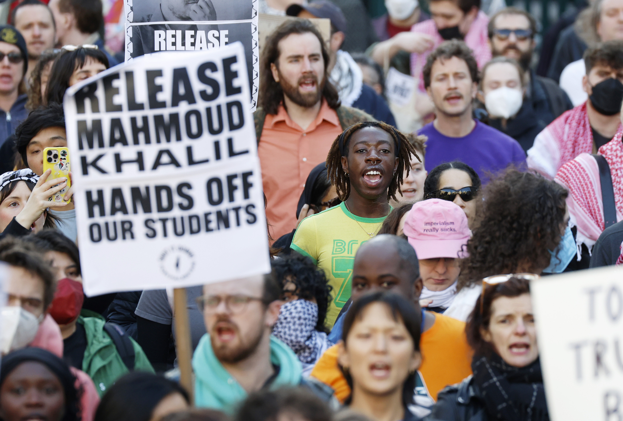 Pro-Palestinian protesters hold flags and signs at the Release Mahmoud Khaul, Hands Off Our Students, ICE off Our Campus rally in Lower Manhattan in New York City on Monday, March 10. [UPI/YONHAP] 