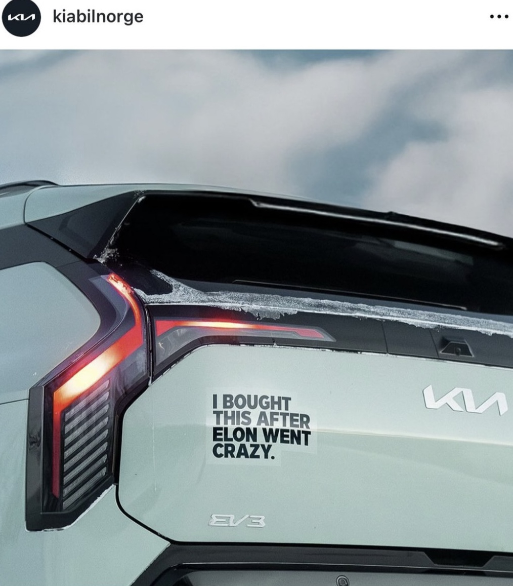 A screen capture from Kia Norway's controversial social media post featuring a swipe at Elon Musk. [SCREEN CAPTURE]
