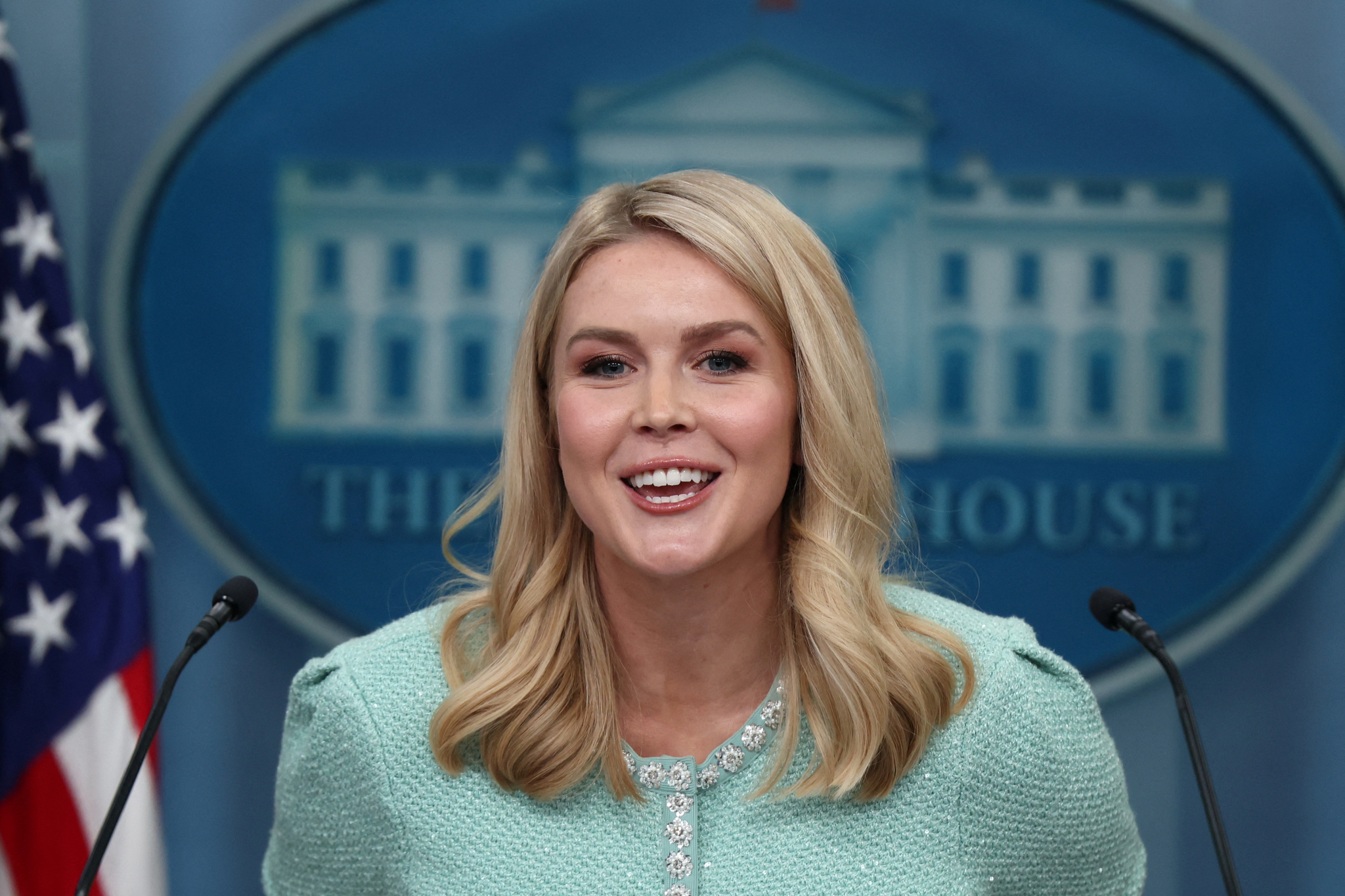 White House Press Secretary Karoline Leavitt looks on as she speaks to members of the media in the briefing room at the White House in Washington, D.C., on March 11. [REUTERS/YONHAP]