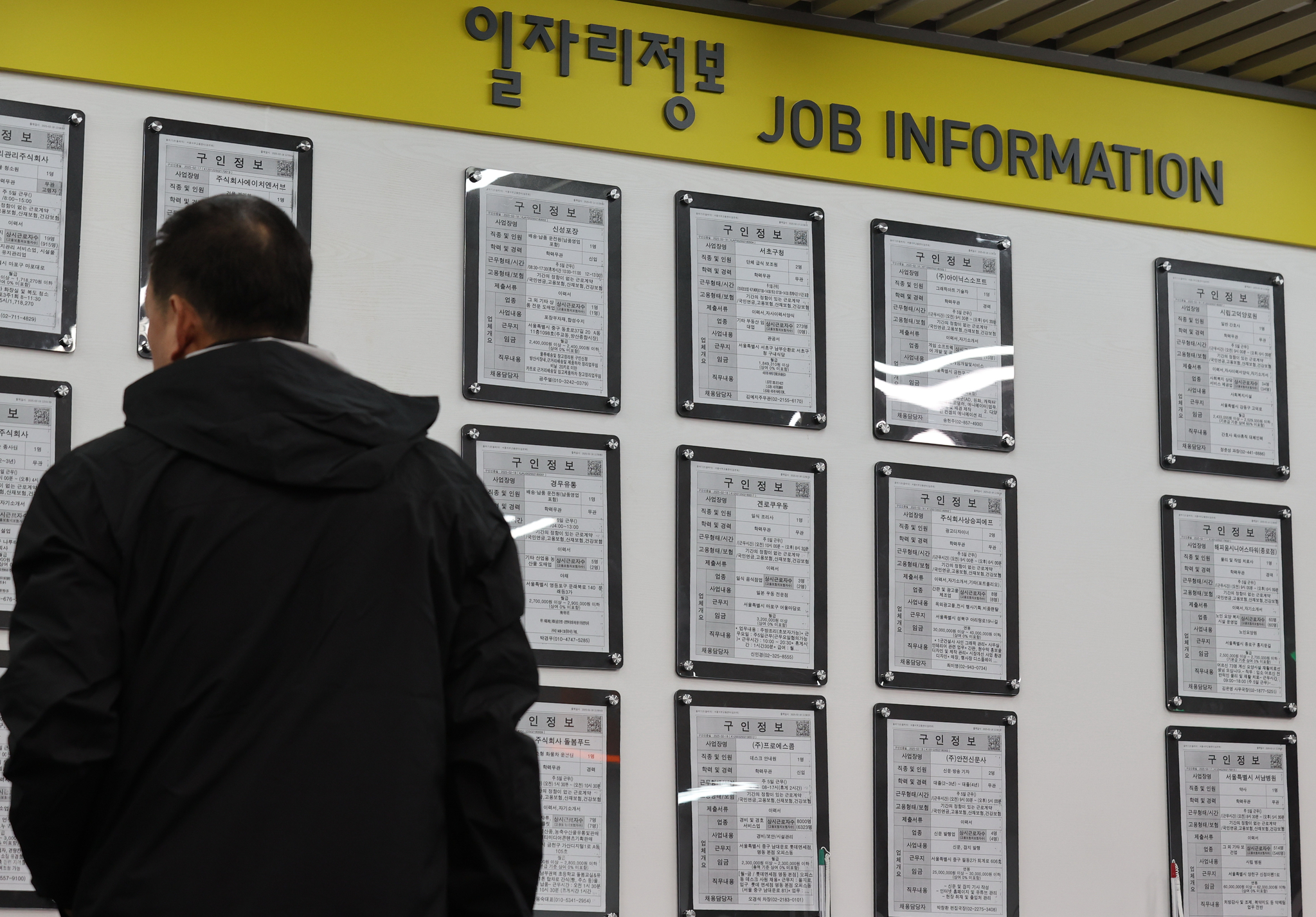 A job seeker checks job postings at an employment center in Seoul on Feb. 20. [YONHAP]