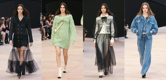 This combination of pictures created on March 11, shows, from left, Italian super model Vittoria Ceretti and models presenting creations by Chanel for the Womenswear Ready-to-wear Fall-Winter 2025/2026 collection as part of the Paris Fashion Week, at the Grand Palais, in Paris.  [AFP/YONHAP] 