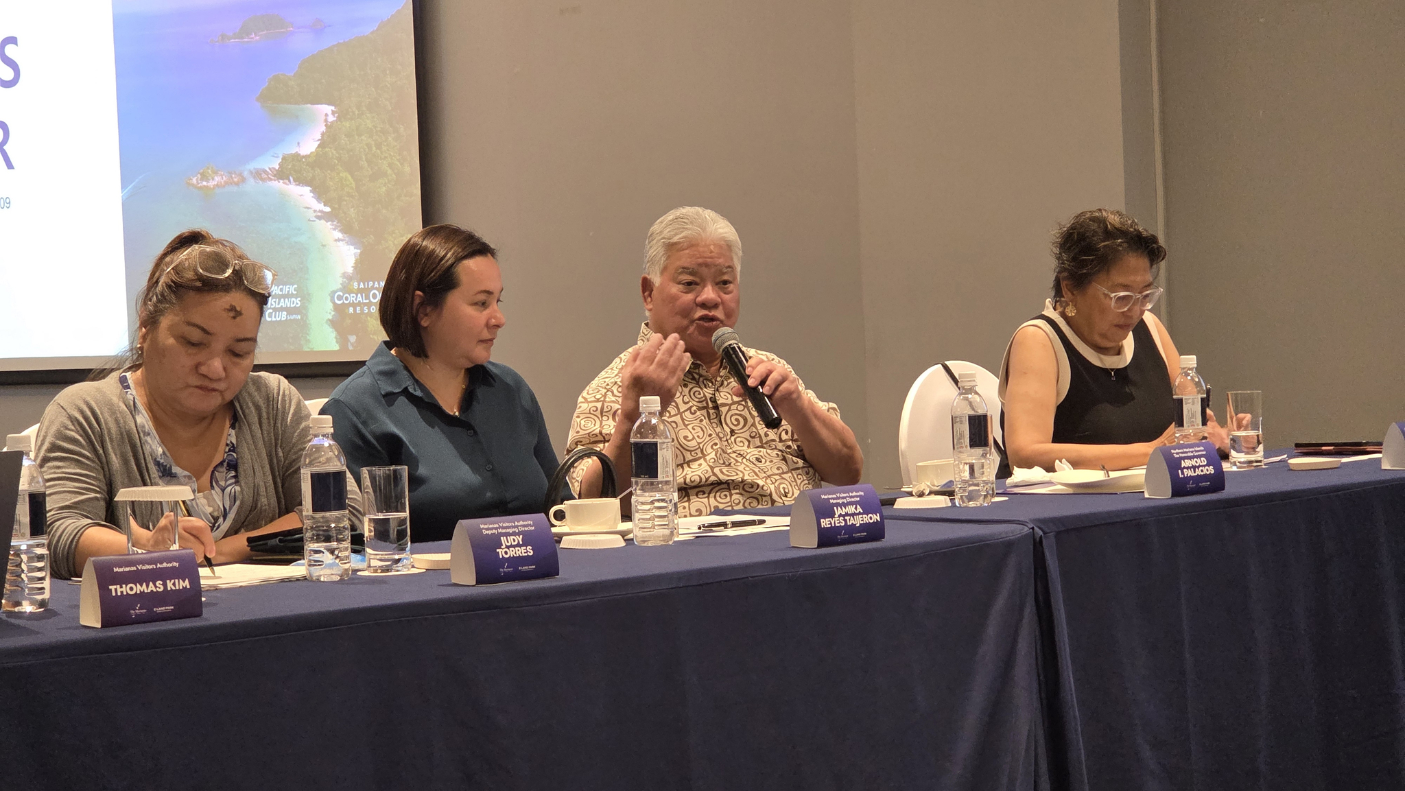Officials from the Mariana Visitors Authority (MVA) and the governor of Saipan, Arnold I. Palacios, at second from right, answer questions from Korean reporters during a press conference held on March 5 at the Kensington Hotel Saipan. [YOON SO-YEON]