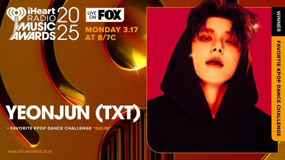 Tomorrow X Together member Yeonjun receives the Favorite K-pop Dance Challenge award at the iHeartRadio Music Awards 2025 [IHEARTRADIO MUSIC AWARDS]