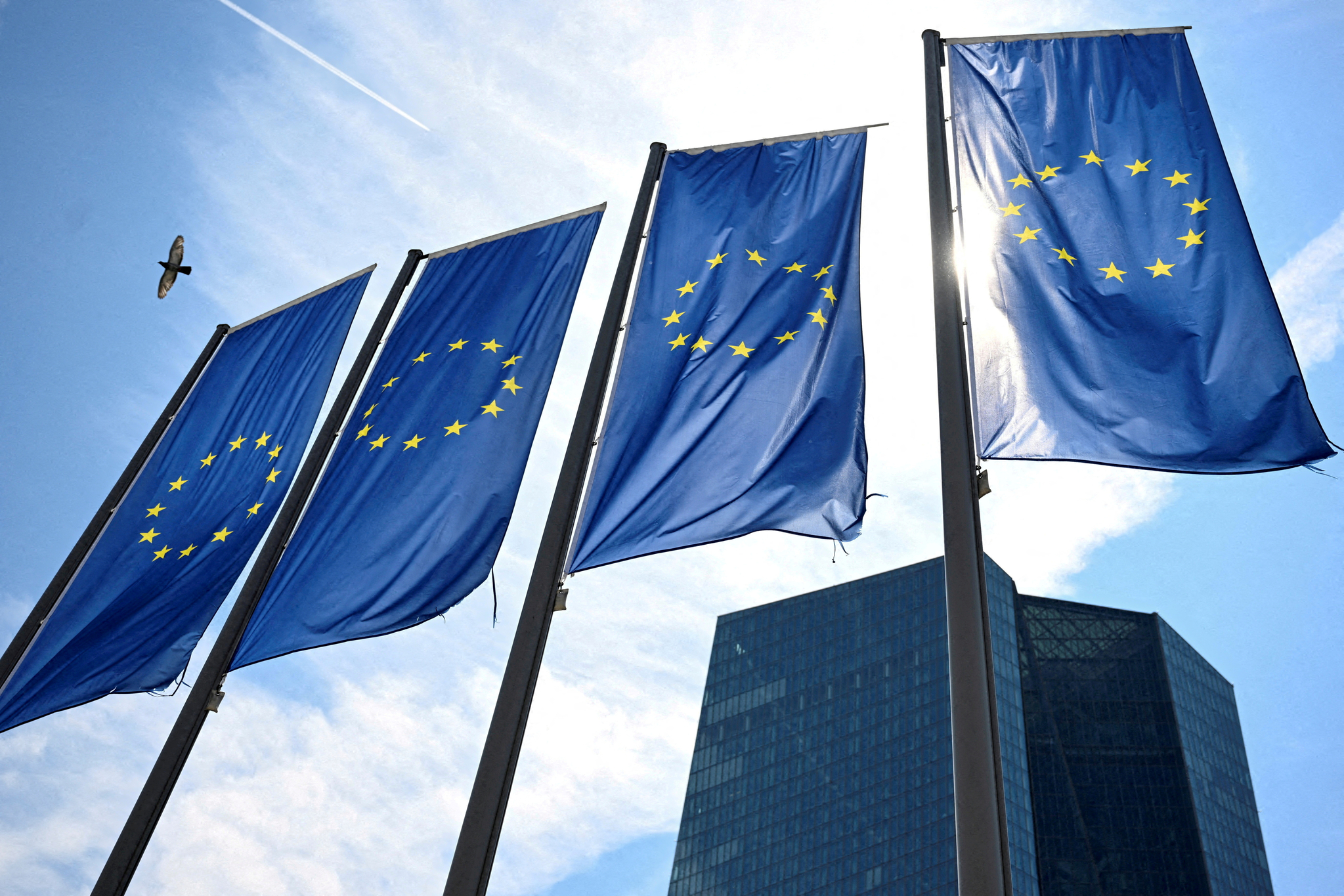 EU flags flutter in front of European Central Bank headquarters in Frankfurt, Germany on July 18, 2024. [REUTERS/YONHAP]