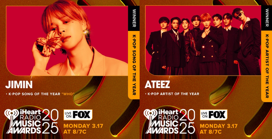 Jimin of boy band BTS, left, and boy band Ateez, the winners of the iHeartRadio Music Awards 2025 [IHEARTRADIO MUSIC AWARDS]