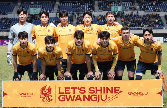 Gwangju FC pose for a photo before the second leg of the 2024-25 AFC Champions League Elite round of 16 match against Vissel Kobe on March 12. [YONHAP] 