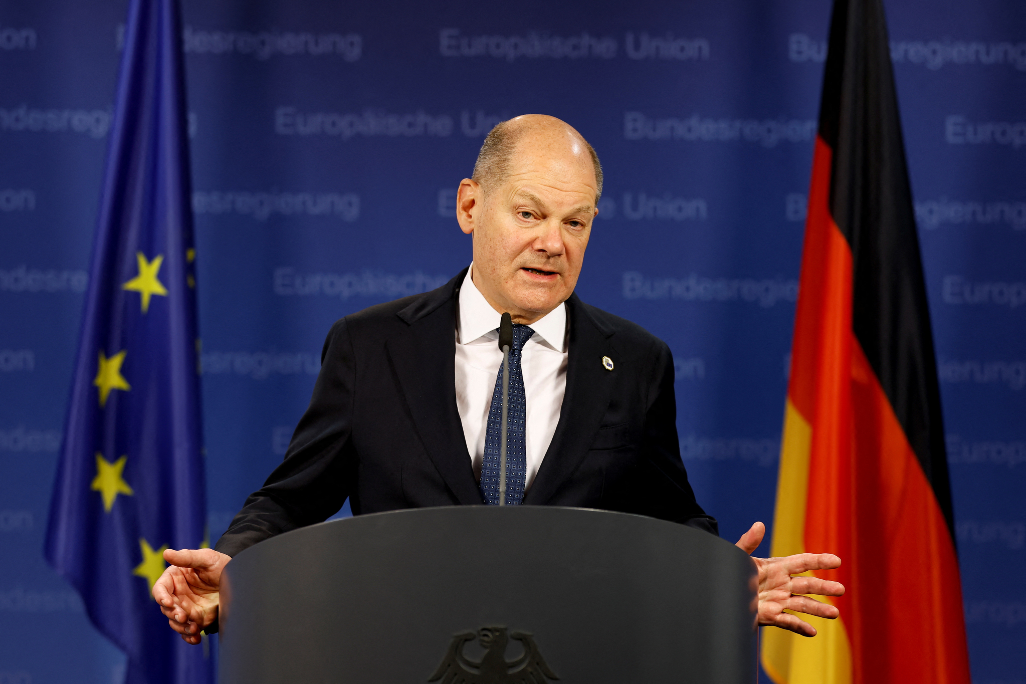 German Chancellor Olaf Scholz attends a press conference after a European Union leaders' special summit to discuss Ukraine and European defence, in Brussels, Belgium on March 6. [REUTERS/YONHAP]