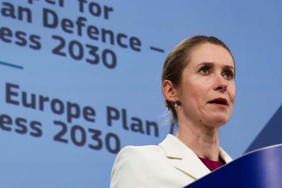 High Representative for Foreign Affairs and Security Policy and Vice-President of the European Commission Kaja Kallas speaks as she presents the white paper on the future of European defence, in Brussels, Belgium on March 19. [REUTERS/YONHAP]