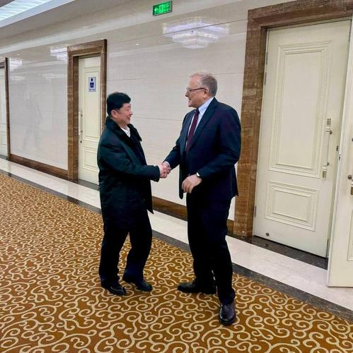 North Korean Vice Public Health Minister Jon Sol-ryong, left, shakes hands with Russian Ambassador to North Korea Alexandr Matsegora in this photo posted on the Russian Embassy's Facebook account on March 25. [YONHAP] 