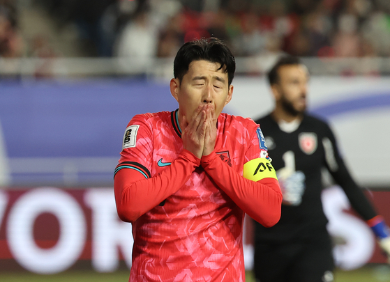 Korea's Son Heung-min reacts during the 2026 World Cup qualifier against Jordan at Suwon World Cup Stadium in Suwon, Gyeonggi on March 25. [YONHAP] 