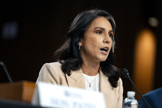 Director of National Intelligence Tulsi Gabbard speaks during a Senate Intelligence Committee hearing examining worldwide threats at the U.S. Capitol in Washington on March 25. Intelligence leaders are testifying publicly before the committee on worldwide threats, before moving to a closed session. [UPI/YONHAP]