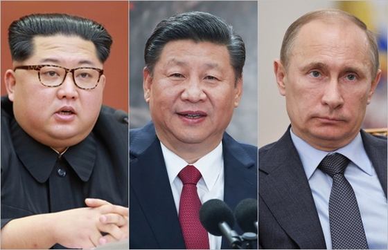 From left, North Korean leader Kim Jong-un, Chinese President Xi Jinping and Russian President Vladimir Putin [JOONGANG PHOTO]