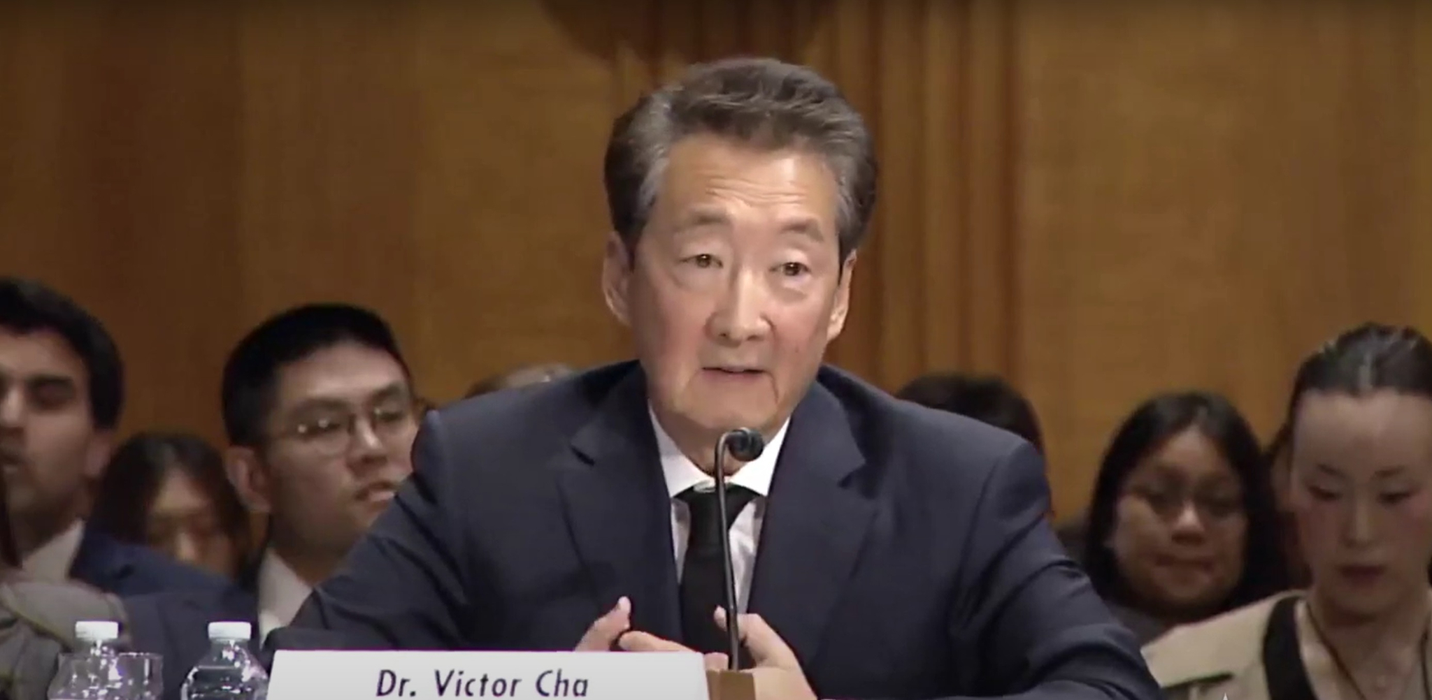 Victor Cha, president of the geopolitics and foreign policy department at the Center for Strategic and International Studies, speaks during a public hearing held by the Senate Committee on Foreign Relations in Washington on Wednesday. [SCREEN CAPTURE]