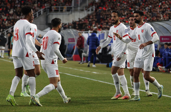 The Jordanian natioanl team reacts during a 2026 World Cup qualifier against Korea at Suwon World Cup Stadium in Suwon, Gyeonggi on March 25. [YONHAP]