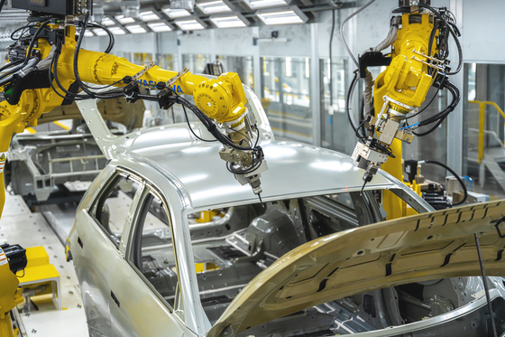 Robots make the Ioniq 5 SUV at the Hyundai Motor Group Metaplant America, which officially opened its doors on March 26 in Bryan County, Georgia. [HYUNDAI MOTOR]