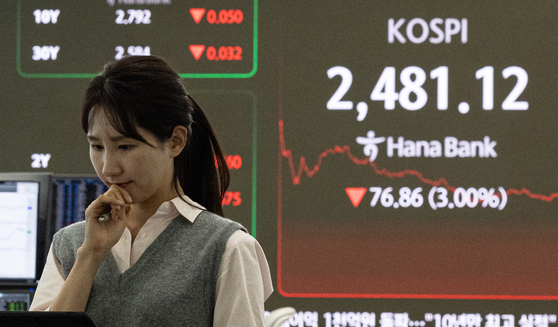 A screen in Hana Bank's trading room in central Seoul shows the Kospi closing at 2,481.12 points on March 31, down 76.86 points, or 3 percent, from the previous trading session. [NEWS1] 