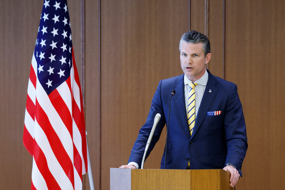 U.S. Secretary of Defense Pete Hegseth speaks during a joint press conference with Japanese Defense Minister Gen Nakatani in Tokyo, on March 30. [REUTERS/YONHAP]