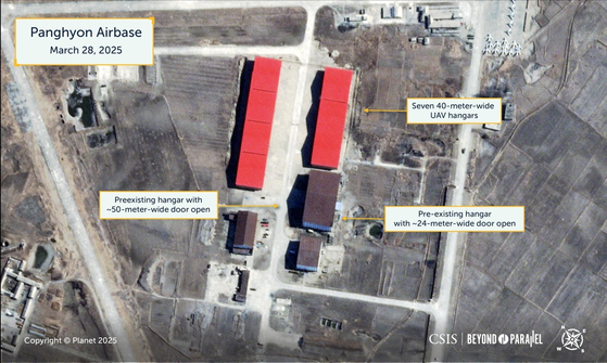 Satellite photos taken on March 28, included in Beyond Parallel's report on North Korea, shows what appears to be seven new drone hangars at the Banghyon Air Base. [SCREEN CATPURE]