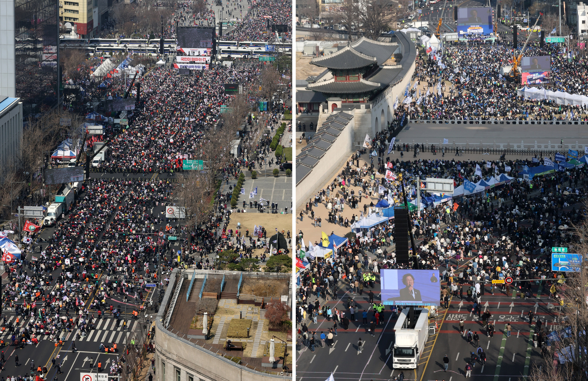 A rally against President Yoon Suk Yeol's impeachment took place at the southern end of Gwanghwamun Square in central Seoul, left, as a rally in favor of his removal from office took place at the northern end on March 22. [NEWS1]