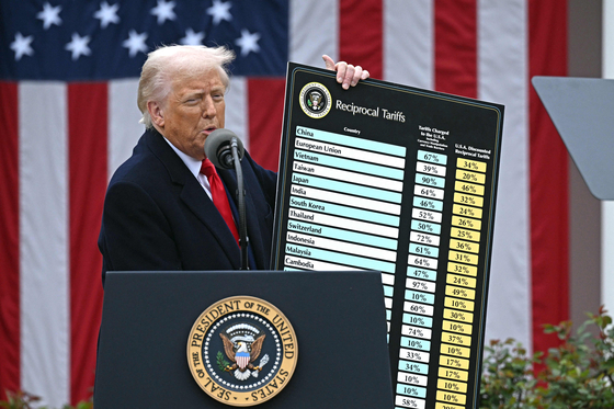 U.S. President Donald Trump announces reciprocal tariffs as he holds a chart of ″worst offenders,″ placing Korea at seventh place, during an event entitled ″Make America Wealthy Again″ in the Rose Garden at the White House in Washington on April 2. [AFP/YONHAP]