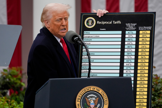 U.S. President Donald Trump announces reciprocal tariffs as he holds a chart of ″worst offenders,″ placing Korea at seventh, during an event titled ″Make America Wealthy Again″ in the Rose Garden at the White House in Washington on April 2. [AFP/YONHAP] 