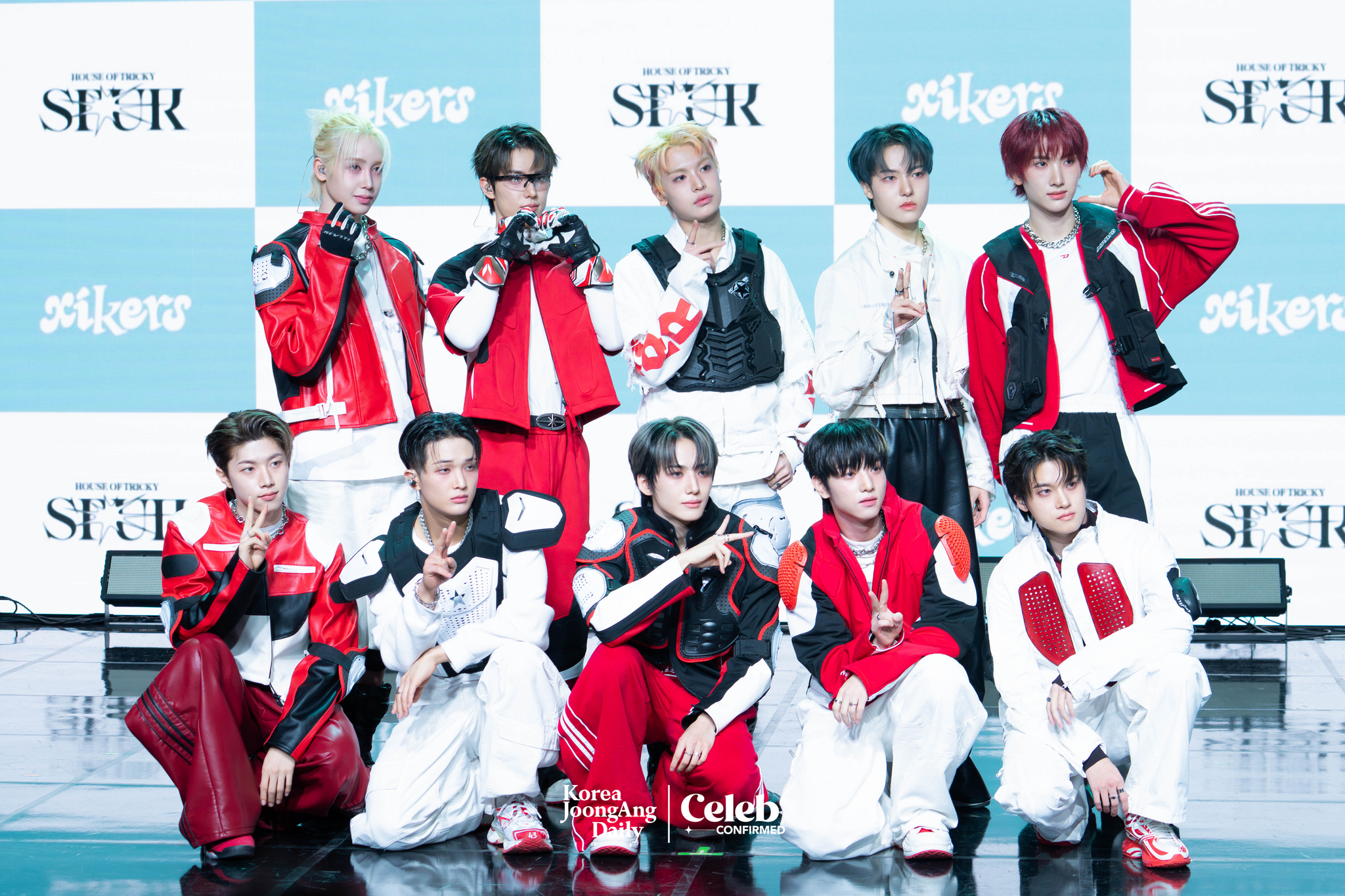 Boy band xikers poses for photos during a showcase held on April 3 at the Ilchi Art Hall in Gangnam District, southern Seoul for the release of the fifth EP, ″House of Tricky: Spur.” [DANIELA GONZALEZ PEREZ]